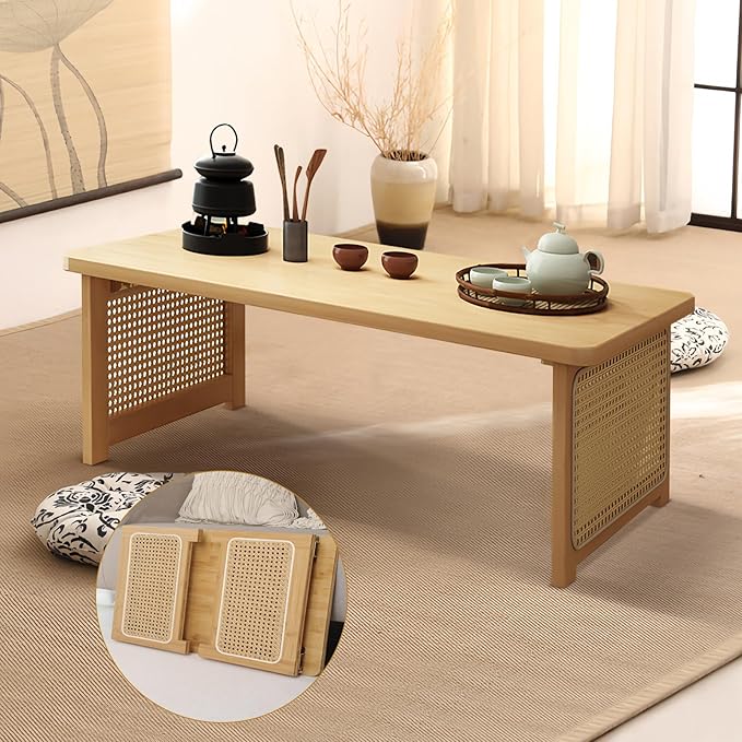 Foldable Japanese Floor Table Lightweight,No Assembly Required, Eco-Friendly Wood,Low Table for Sitting on the Floor, Perfect for Tatami,Meditation,Living Room Use (Natural Wood Color, 47.24 INCH)