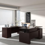 100.4'' Height Adjustable U-Shaped Executive Desk with 3-Drawer File Cabinet and Shelves (Espresso-U)
