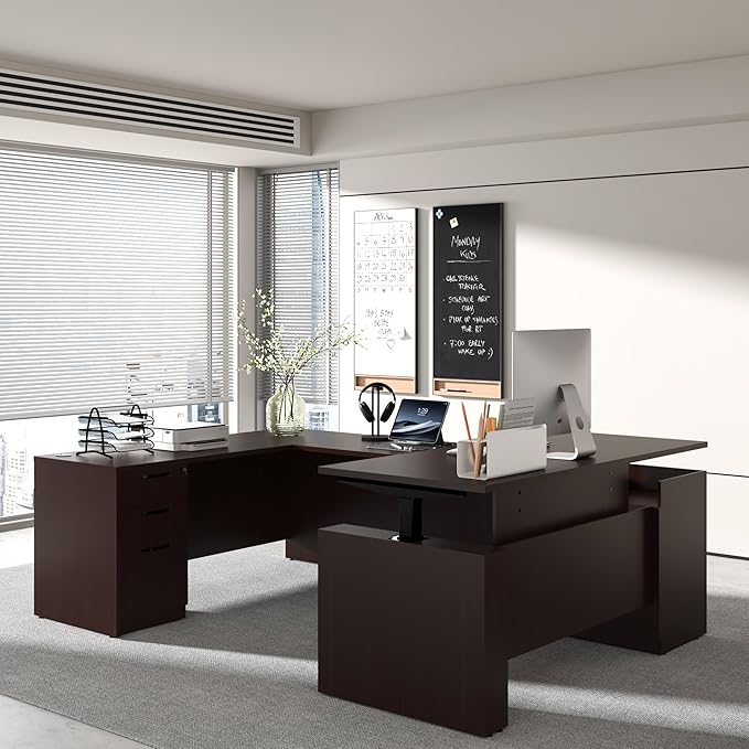100.4'' Height Adjustable U-Shaped Executive Desk with 3-Drawer File Cabinet and Shelves (Espresso-U)