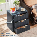 LEYAOYAO 23" Wide Fluted Night Stand with Charging Station, 3 Drawers Large End Table with Storage,Nightstand Wood Bedside Tables, Farmhouse Cabinet Dresser for Bedroom,Closet, Navy Blue