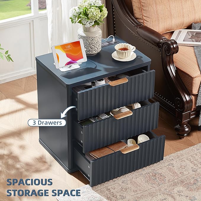 LEYAOYAO Fluted Nightstand Set of 2 with Charging Station,23" Modern Nightstand with Woodgrain Top, 3 Drawer End Table w/Storage, BedsideTables for Bedroom, Living Room, Curved Profile,Blue