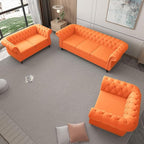 Chesterfield 3 Seater Sofa, Modern Velvet Tufted Couch 3 Seater with Rolled Arms and Nailhead Mid-Century Upholstered Couch for Living Room, Bedroom, Apartment and Office, Orange