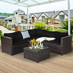 Tangkula 6 Pieces Patio Furniture Set, Outdoor Rattan Sofa Set, Wicker Conversation Set w/Tempered Glass Coffee Table & Cushions, Sectional Sofa Set for Backyard, Garden, Balcony, Poolside (Black)