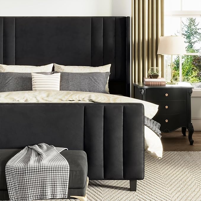 AMERLIFE Queen Size Bed Frame, Velvet Upholstered Platform Bed with Vertical Channel Tufted Headboard & Footboard/Wingback, Mattress Foundation with Wood Slats, No Box Spring Needed, Black