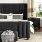 AMERLIFE Queen Size Bed Frame, Velvet Upholstered Platform Bed with Vertical Channel Tufted Headboard & Footboard/Wingback, Mattress Foundation with Wood Slats, No Box Spring Needed, Black