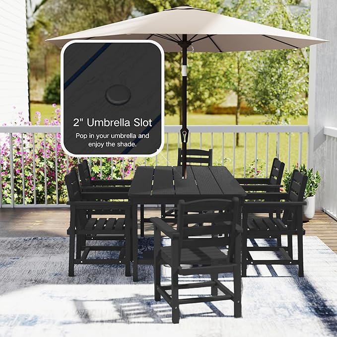 7 Piece Patio Dining Set with 11ft Patio Umbrella (Yellow), 7 Black Outdoor HDPE Dining Set with 6 Chairs + 1 Large Table with 2" Umbrella Hole, for Market, Pool, Garden, Backyard, Deck