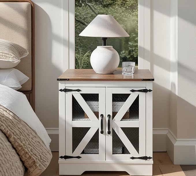 Farmhouse Coffee Table Set of 3, 1 Lift Top Coffee Table with Sliding Barn Doors and 2 End Tables with Charging Station, Living Room Table Set for Home Office, White