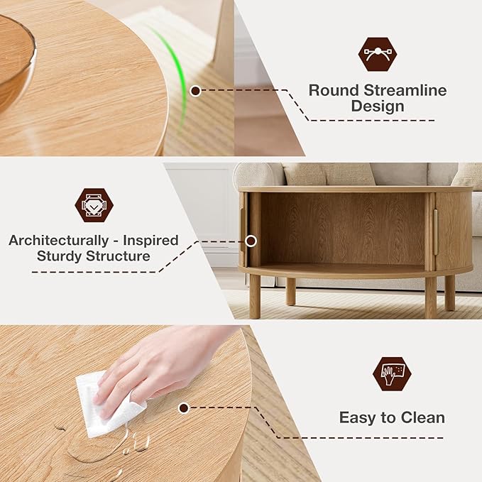 Coffee Table for Living Room, Modern Round Coffee Table with Cabinets & Sliding Doors, Home Small Space, 29.9" Fluted Center Table, Natual
