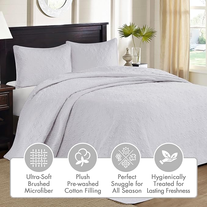 Madison Park Quebec Reversible Quilt Set Damask Design, Double Sided Stitching All Season, Lightweight Bedspread Bedding Set, Matching Sham, White, Twin(81"x110") 2 Piece