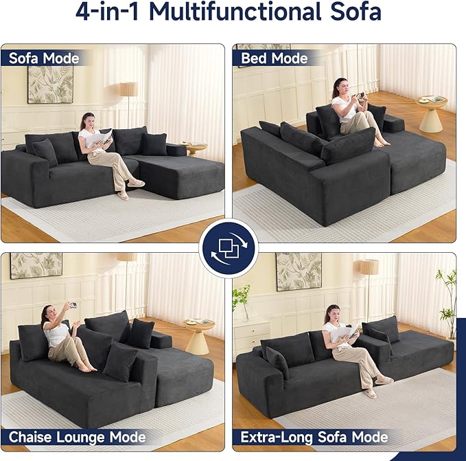 2025 New 108" Cloud Couch Sectional, Modular Sectional Sofa with L-Shaped Chaise, Deep Seat Sectional Modular Couch for Living Room, No Assembly Required (Gray, Right Facing Chaise)