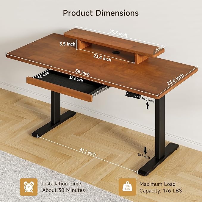 ONBRILL Standing Desk with Drawer, 55x23.6 Inches Solid Wood Desktop Stand Up Desk with Whole-Piece Board and Storage Shelf, Adjustable Height from 28-46 Inches for Home & Office, Brown