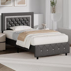 BarnFurin Twin Bed Frame with Diamond Tufted Headboard, Faux Leather Upholstered Bed with Wooden Slats Support, No Box Spring Needed, Mattress Foundation, Easy Assembly, Grey