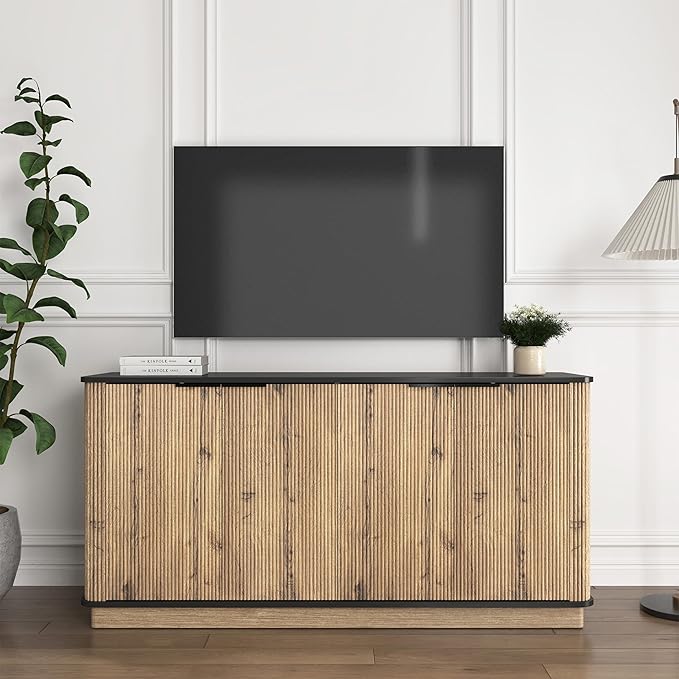 LKTART 55" Sideboard Buffet Cabinet with Storage, Wooden Fluted Storage Cabinet Sideboard with Adjustable Shelves Metal Rounded Corner for Kitchen Living Room (Natural)
