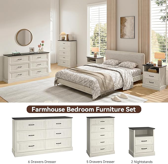 Farmhouse Dresser and Nightstand Sets, 4Pcs Bedroom Furniture Set, Nightstand Set of 2 & 55" Wide 6 Drawer and 44" Tall 5 Drawer Dresser with Large Drawers & Bar Handles, White