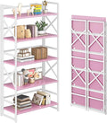 4NM 5 Tiers No Assembly Book Shelves, 51.2" H Folding Bookshelf Bookcase Open Industrial Foldable Shelves for Bedroom, Living Room, Home Office - Pink White