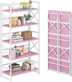 4NM 5 Tiers No Assembly Book Shelves, 51.2" H Folding Bookshelf Bookcase Open Industrial Foldable Shelves for Bedroom, Living Room, Home Office - Pink White