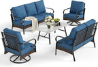 5 PCS Metal Outdoor Patio Furniture Set, Patio Conversation Set with 1 3-Seater Sofa, 2 Swivel Sofa, Coffee Table - Black & Blue