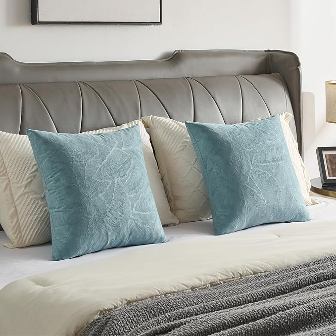 FUTEI Grey Blue Velvet Throw Pillow Covers 16x16 Inch Set of 2,Soft Embossed Leaf-Relief Textured Cushion Cases,Natural Home Decor for Couch Living Room