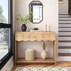 Console Table with 2 Drawers, Mid-Century Modern 42" Entryway Table with Open Storage Shelves, Sofa Table Behind Couch for Living Room, Hallway, Natural