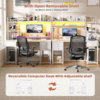 Aheaplus Desk with LED and Outlets, Gaming Desk with Hutch, 47.2'' Computer Desk with Drawers, Reversible Office Desk with Storage Bookshelf Large Workstation Desk with Shelf, Desk for Home, White
