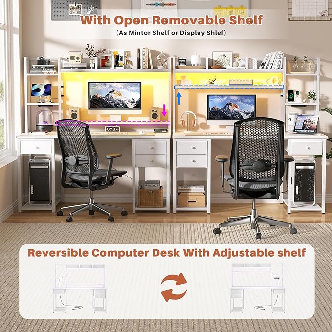 Aheaplus Desk with LED and Outlets, Gaming Desk with Hutch, 47.2'' Computer Desk with Drawers, Reversible Office Desk with Storage Bookshelf Large Workstation Desk with Shelf, Desk for Home, White