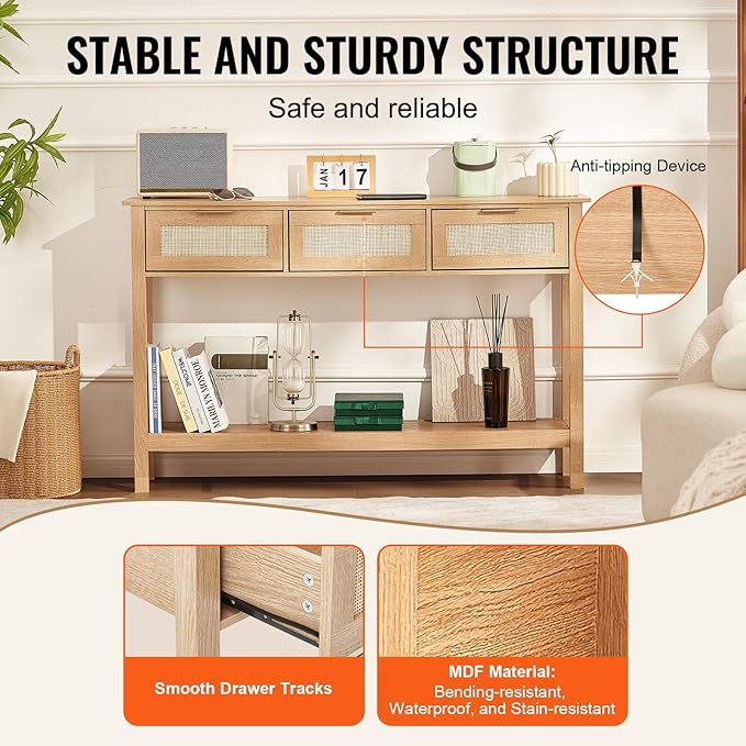 VEVOR Rattan Console Table, Entryway Table with 3 Storage Drawers, Hallway Table with Natural Rattan Sliding Door, Console Sofa Table for Living Room, Study, Entryway Or TV Wall, Natural