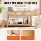 VEVOR Rattan Console Table, Entryway Table with 3 Storage Drawers, Hallway Table with Natural Rattan Sliding Door, Console Sofa Table for Living Room, Study, Entryway Or TV Wall, Natural