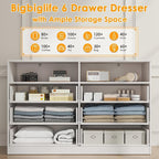 Bigbiglife 6 Drawers Dresser for Bedroom with Open Storage Cubby, Double Wide Dresser Organizer for Bedroom, Living Room, Entryway, Hallway (White)