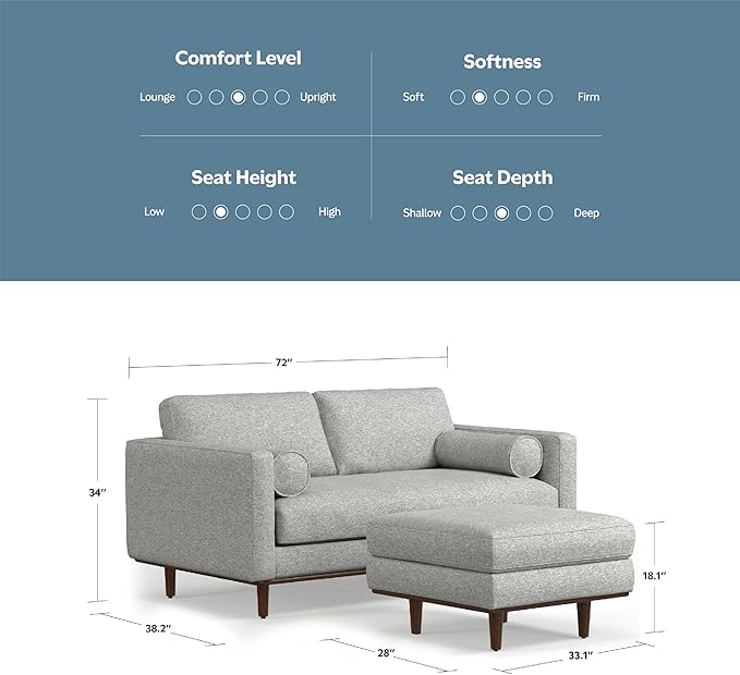 SIMPLIHOME Morrison Mid-Century Modern 72 inch Wide Sofa with Ottoman Set in Mist Grey Tightly Woven Performance Fabric for the Living Room and Family Room
