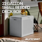 Suncast 22-Gal. Waterproof Resin Small Outdoor Patio Deck Box with Reeded Design, Modern Outdoor Patio Bench/Storage Box for Cushions, Garden Tools, and More, French Gray