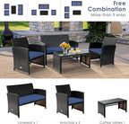 COSTWAY Patio Furniture Set 4 Pieces, Outdoor Wicker Chairs Sofa w/Coffee Table and Soft Cushions, Rattan Conversation Sets for Patio Lawn Backyard Yard Pool Garden, Navy