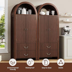 FURSUN 71" Tall Fluted Arched Bookshelf with Doors, Wood Pantry Storage Cabinet with 2 Large Drawers, Modern Versatile Bookcase for Living Room, Kitchen, Dining(Dark Walnut)