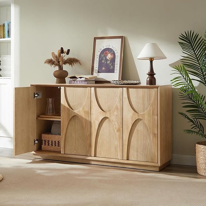 LKTART 59" Sideboard Buffet Cabinet Retro Accent Storage Cabinet with Magnetic Door Latches Adjustable Shelf for Living Room Kitchen(Natural Oak)