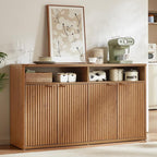 LEYAOYAO Fluted Buffet Cabinet with Storage, 55" Wide Wood Sideboard Credenza with 4 Doors & Open Storage Shelf, Modern Kitchen Console Accent Cabinets, Coffee Bar Table for Dining Room, Tea Brown