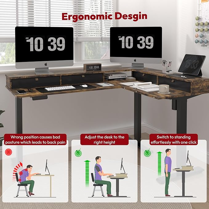 SANODESK L Shaped Standing Desk with 3 Drawers, Height Adjustable Stand up Desk, Corner Gaming Desk with Monitor Stand (Rustic Brown, 63"x47")