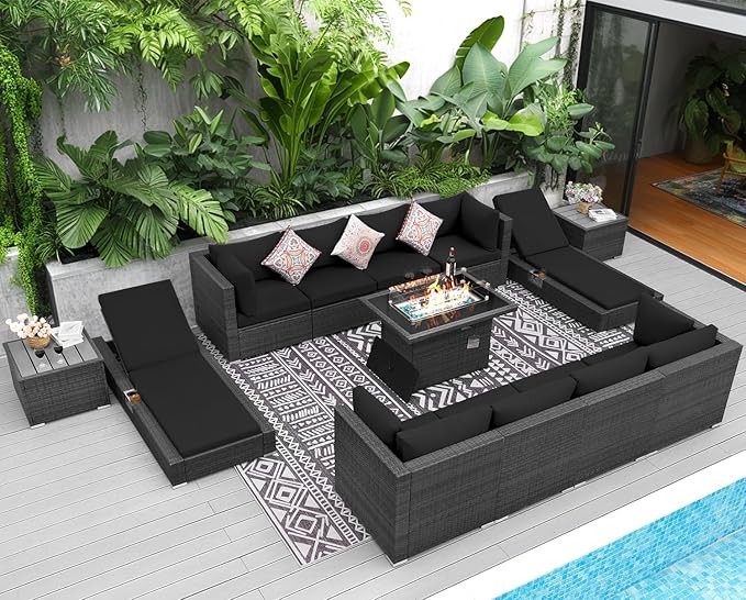 NICESOUL 13 Piece Outdoor Wicker Furniture with Firepit and Chaise Lounge, Big Heavy Weight Full Size Outdoor Set with Loungers, 10-Seats Patio Sectional Seating Group for Pool, Back Yard, Grey&Black