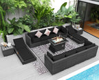 NICESOUL 13 Piece Outdoor Wicker Furniture with Firepit and Chaise Lounge, Big Heavy Weight Full Size Outdoor Set with Loungers, 10-Seats Patio Sectional Seating Group for Pool, Back Yard, Grey&Black