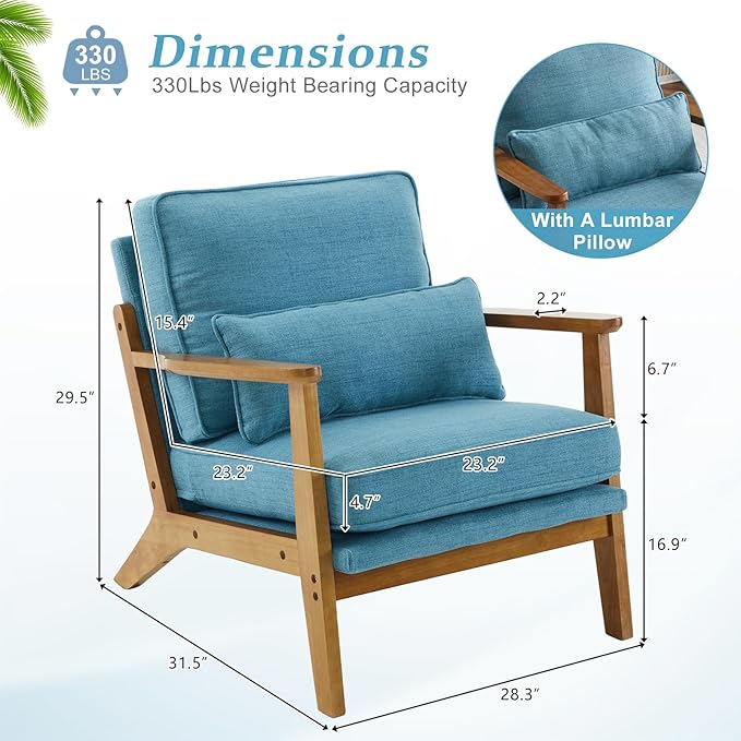VINGLI Solid Wood Wide Armrests Accent Chair,Upholstered Mid Century Modern Chair with Pillow,Comfy Reading Chair Farmhouse Arm Chair,Chairs Living Room,Bedroom,Guest Room,Linen Fabric,Navy Blue