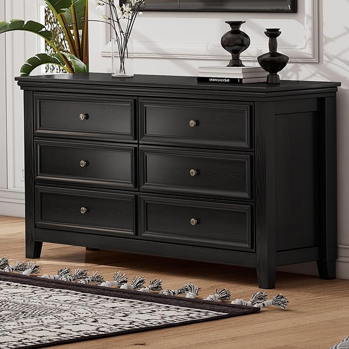 BLANKSPACE Black 6 Drawer Dresser, Modern Dresser for Bedroom, Wood Drawer Organizer with Metal Knobs, Large Capacity Wood Cabinet for Bedroom, Hallway