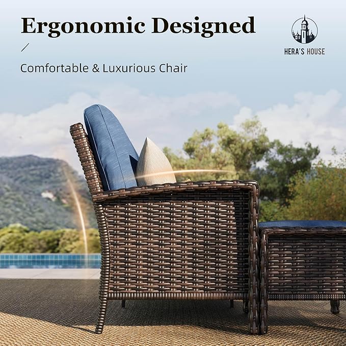 HERA'S HOUSE Oversized Patio Wicker Chairs, High Back Outdoor Swivel Chairs Set of 2 with Rattan Side Table, 5.5" Thick Cushions, 3-Piece Patio Furniture Sets for Deck Porch Pool, Brown/Blue