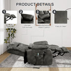 EDILLY Large Reclining Lift Chair, Dual Motor Massage Chair, Genuine Leather Recliner with Heating and Massage for Seniors, with Double Lumbar Cushion and Extended Footrest, USB Port(Silver Grey)