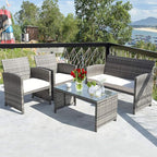 COSTWAY Patio Furniture Set 4 Pieces, Outdoor Wicker Chairs Sofa w/Coffee Table and Soft Cushions, Rattan Conversation Sets for Patio Lawn Backyard Yard Pool Garden, White