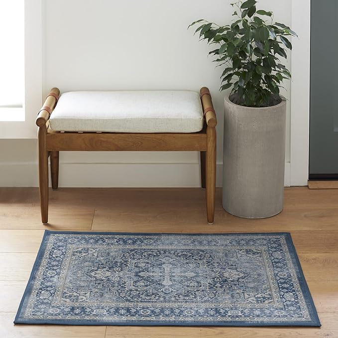 RUGGABLE Washable Area Rug – Kamran Admiral Blue 2x3, Stain-Resistant, Non-Slip – Small Machine Washable Rugs for Living Room, Bedroom, Hallway, Entryway & Bathroom–with Cushioned Pad