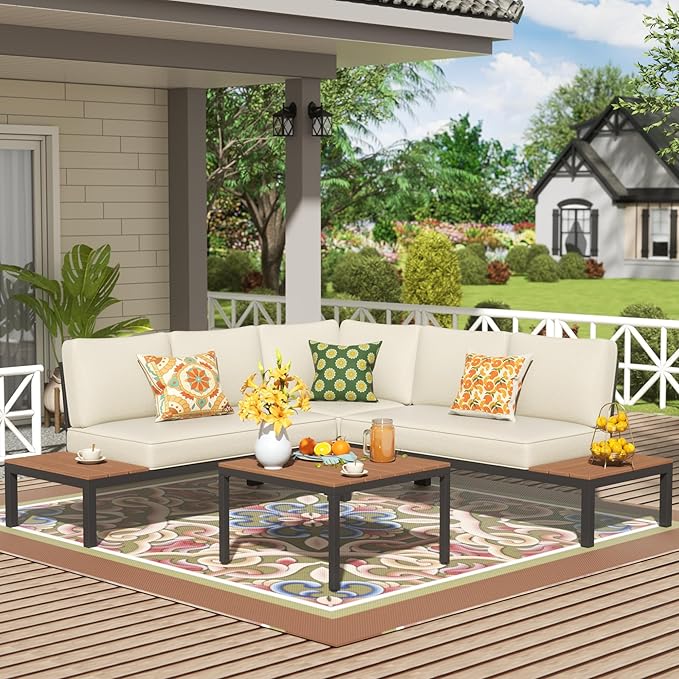 NATURAL EXPRESSIONS Patio Furniture Sets, Metal Outdoor Sectional L Shape Corner Sofa Outdoor Couch with Detachable Backrest,3 Fauxwood Tables,Black Frame,Beige Olefin Cushions for Yard,Garden