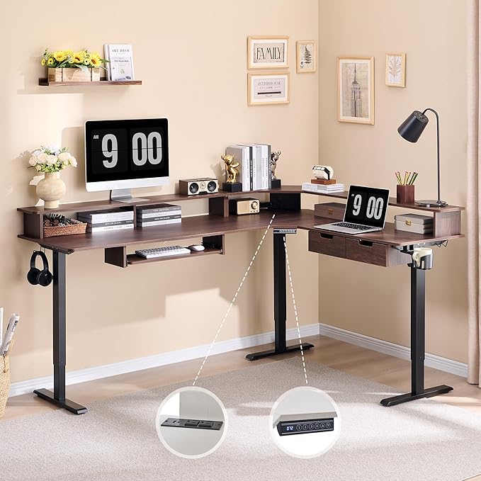 RedLemon 75X60 Inches L Shaped Electric Standing Desk, Height Adjustable Corner Gaming Desk with Drawers, Keyboard Tray, Power Outlets & LED Lights, Computer Desk with Monitor Shelf, Dark Walnut
