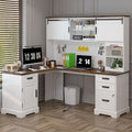 Executive Desk, Farmhouse Home Office Desk with Drawers and Storage Cabinet, Wood Computer Desk for Work and Study, Antique White (Style Two)