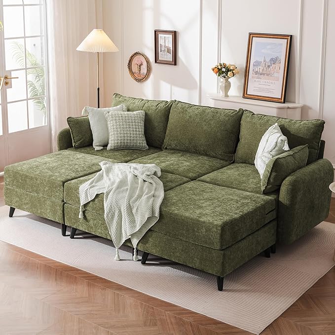 104'' Modular Sectional Sofa with All Seats Storage, Oversized Sleeper Sofa Bed,3-Seater Comfy Cloud Couch with Movable Ottoman,Big Sectional Couches for Living Room Bedroom,Velet,Green