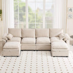 130" U Shaped Modular Sectional Sofa, Couch with Ottoman Storage, Chenille Cloud Couch with Plush Deep Seating for Living Room, Bedroom (6 Seat, Beige)