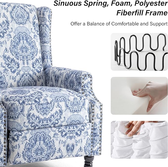 Recliner Chair, Upholstered Wingback Floral Pushback Armchair with Adjustable Backrest & Footrest, Comfy Accent Chair Reading Single Sofa for Small Spaces, Living Room, Bedroom (Navy Blue, Set of 1)