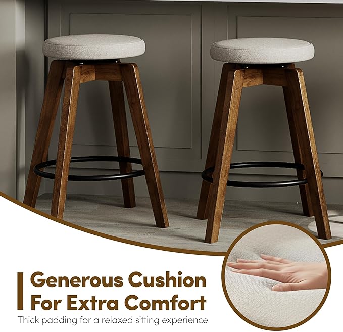 Swivel Premium Solid Wood Counter Stool 25", Set of 2, 360° Rotating Upholstered Cushion, Backless Bar Chair for Island, Pub, Kitchen, Dining Room (Walnut)